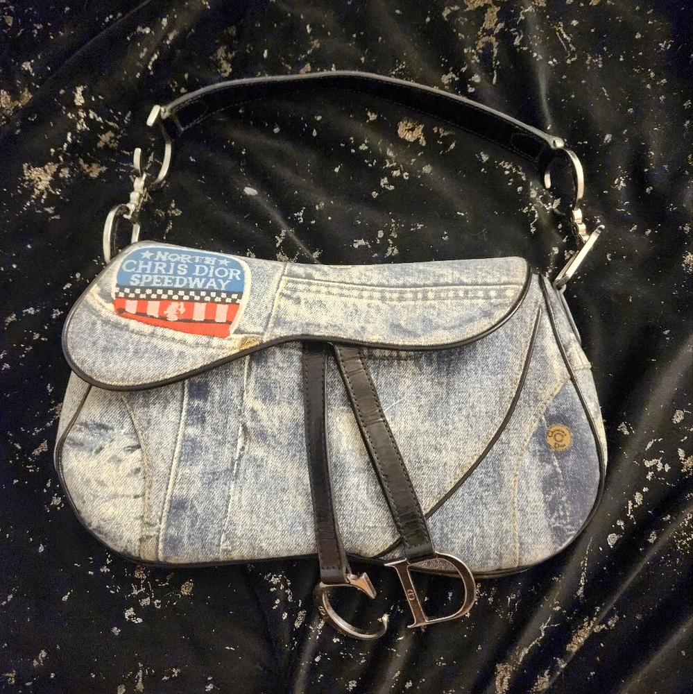 Christian Dior Vintage Double Saddle Bag Printed Denim